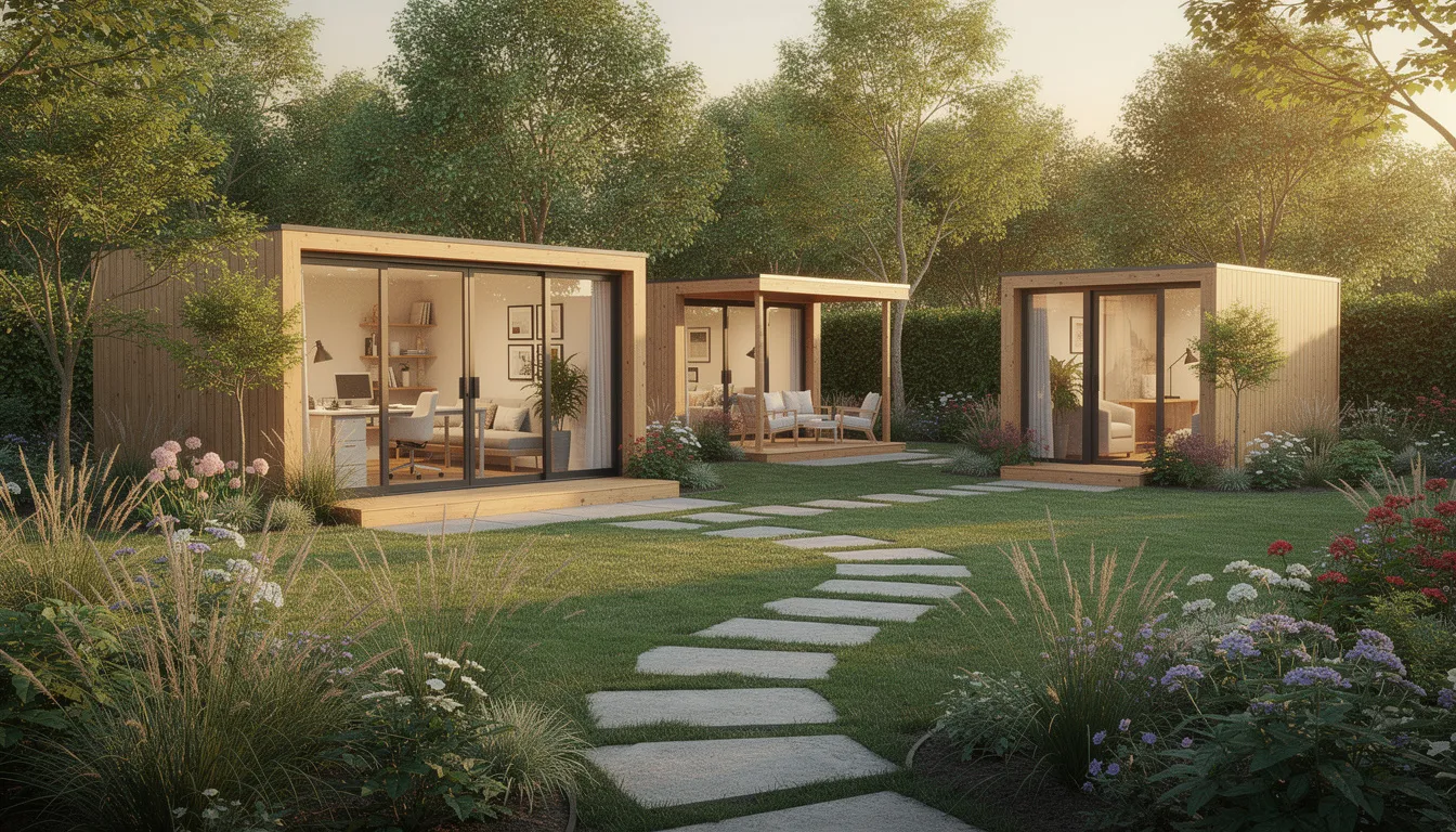This image showcases a bespoke garden room designed as a perfect retreat, featuring large windows that allow natural light to flood the spacious interior. The contemporary design blends seamlessly with the client's garden, creating an ideal space for relaxation or as a functional garden office.