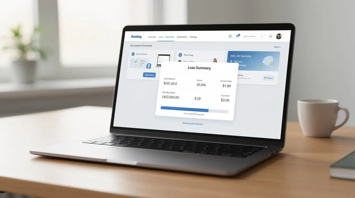 The image features a laptop screen displaying an online banking dashboard, highlighting loan details such as the outstanding balance for mudra loans, which are designed to support small and micro enterprises in India. The dashboard provides insights into previous loans, repayment status, and eligibility criteria for financial assistance from various financial institutions.