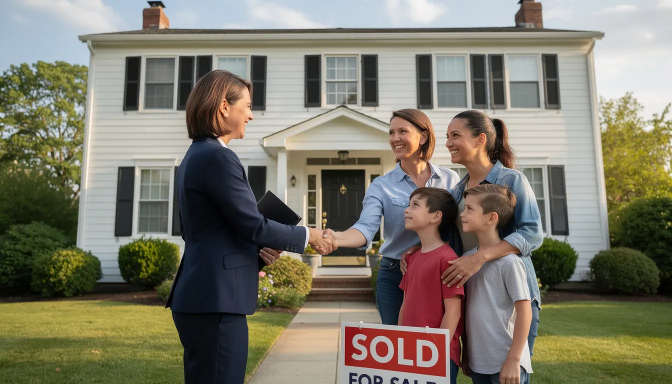 A professional real estate agent is shaking hands with a smiling family in front of a charming New England style home, showcasing the small town charm of this historic coastal town. The scene reflects the relaxed coastal lifestyle and vibrant communities found along the Connecticut shoreline.