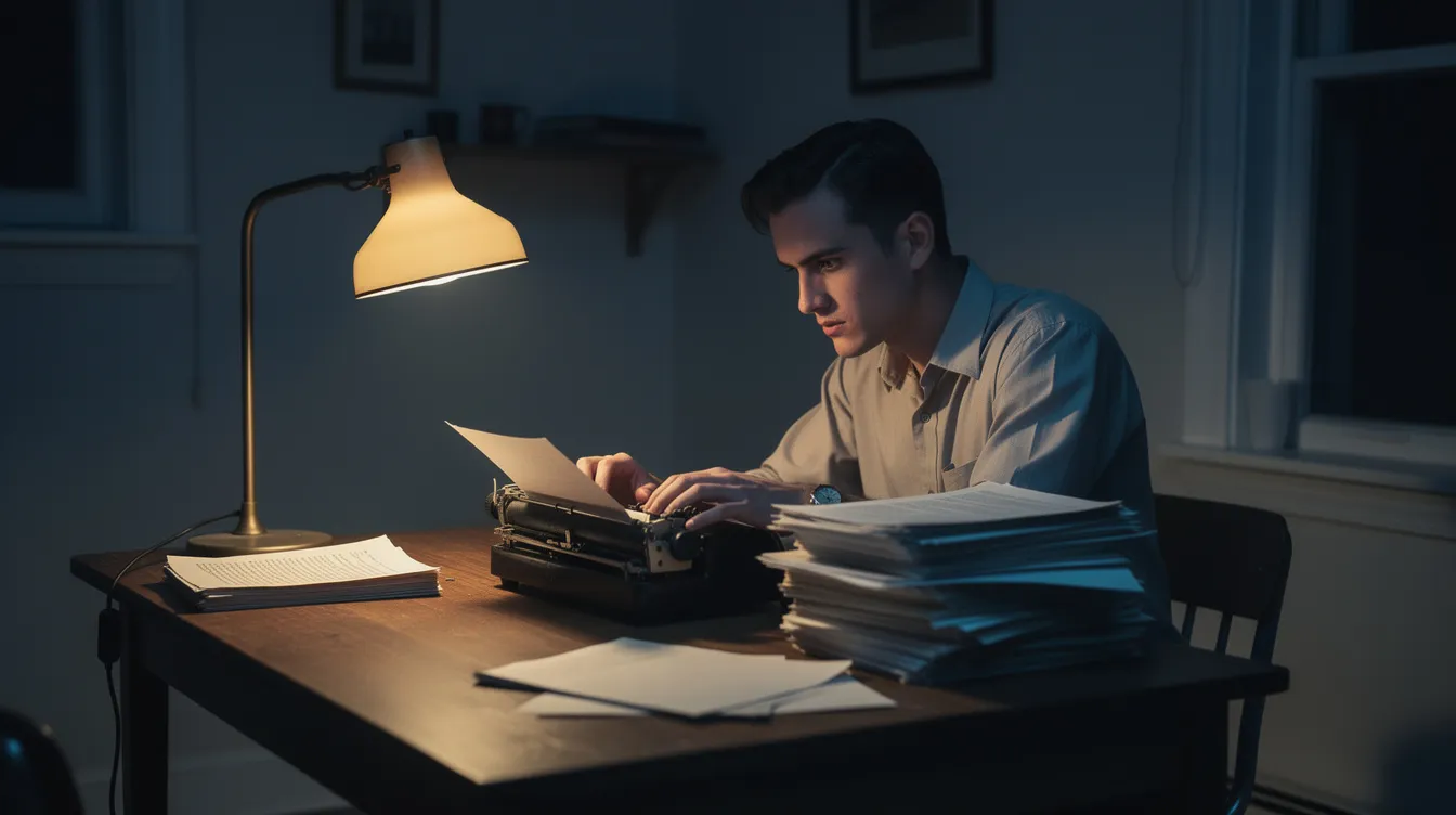 Ein junger Mann sitzt an einem einfach eingerichteten Schreibtisch mit einer Schreibmaschine und einem Stapel Papier. Sein konzentrierter Gesichtsausdruck wird von dem warmen Licht einer Schreibtischlampe in dieser Nachtszene beleuchtet.