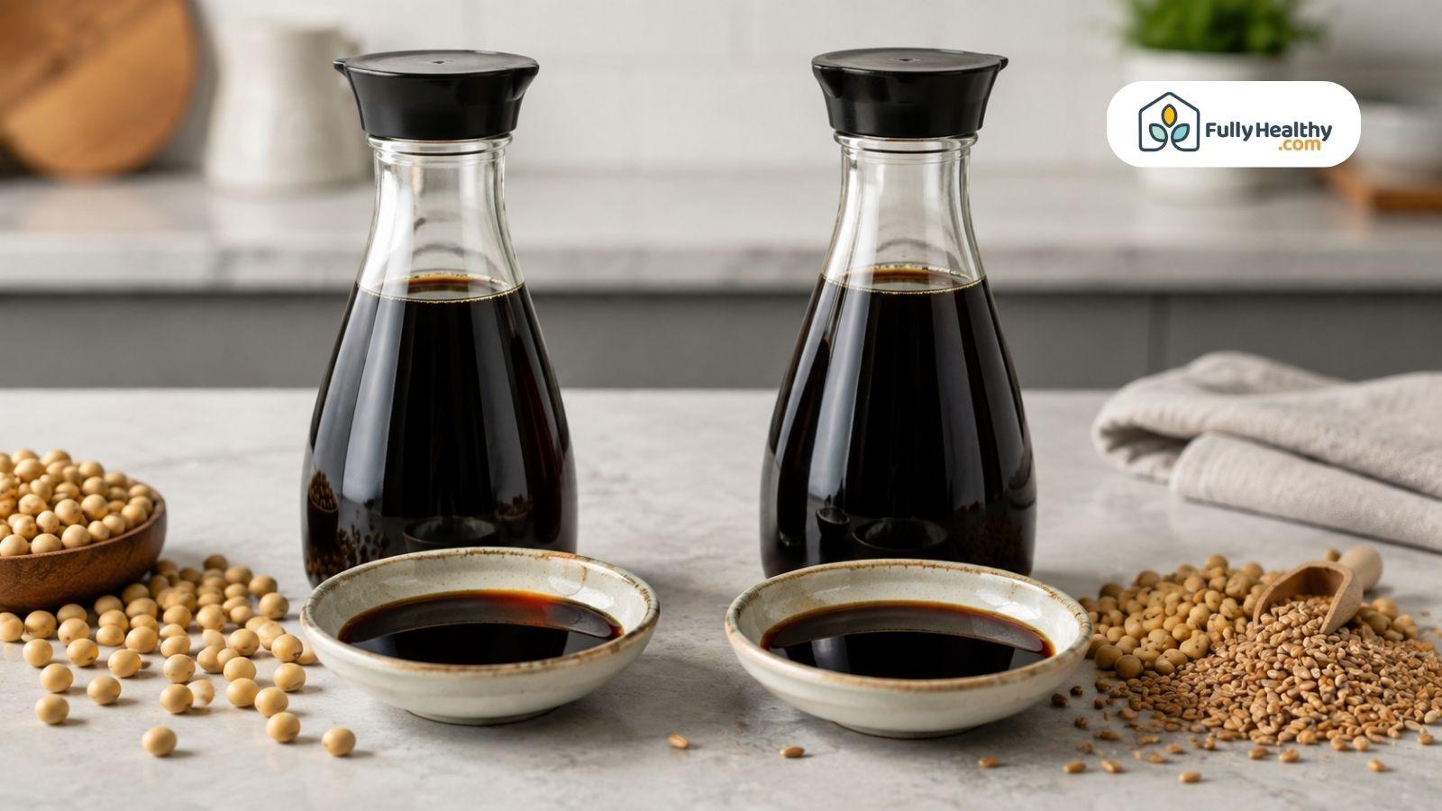 Two soy sauce bottles with soybeans and wheat on countertop.