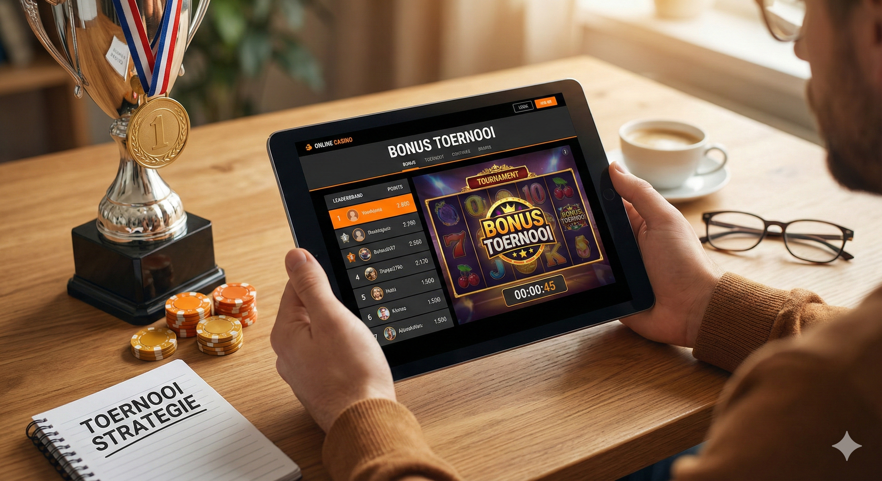 Online casino bonustoernooi op tablet, speler bekijkt leaderboard en toernooischerm, met beker, casinofiches en strategie-notities op tafel.