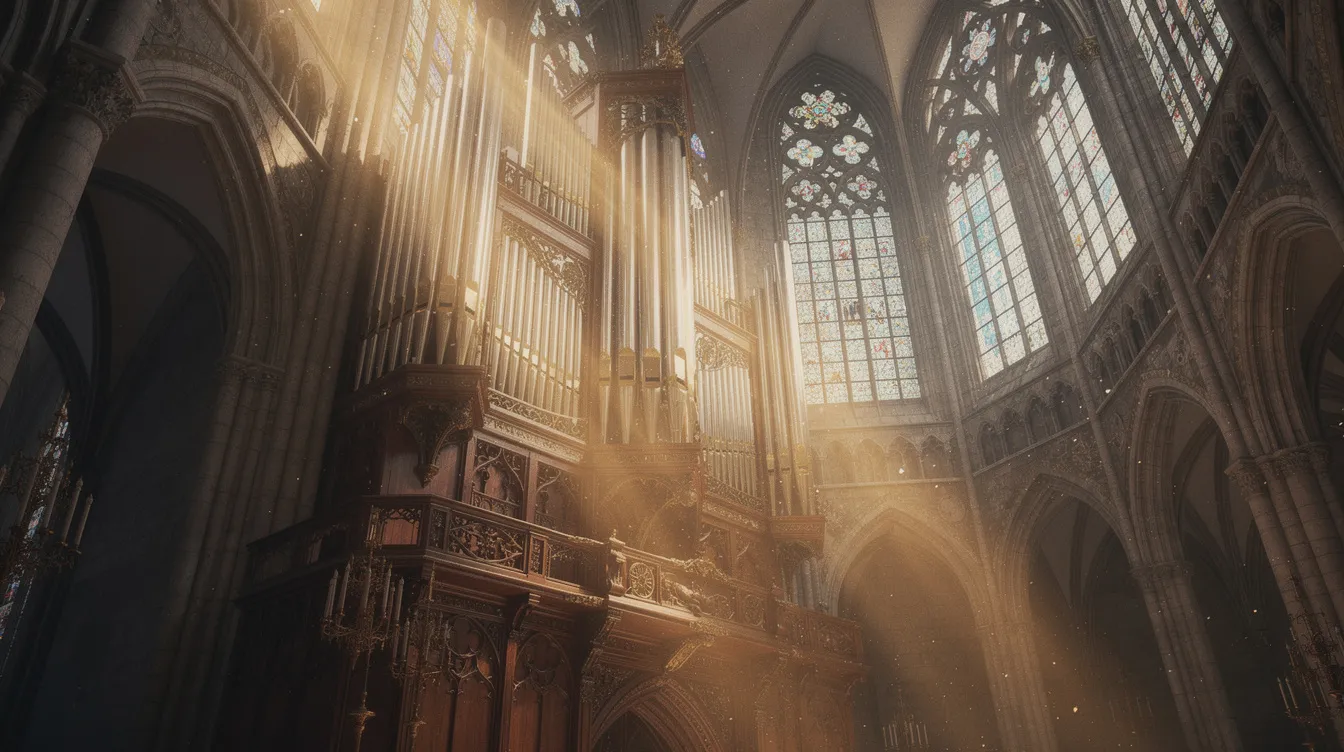 In einer majestätischen gotischen Kathedrale steht eine große Kirchenorgel, während Lichtstrahlen durch die hohen bunten Fenster fallen und eine mystische Atmosphäre schaffen. Diese Szenerie erinnert an die beeindruckenden visuellen Elemente eines Science-Fiction-Films, wie sie in Christopher Nolans Werken zu finden sind.