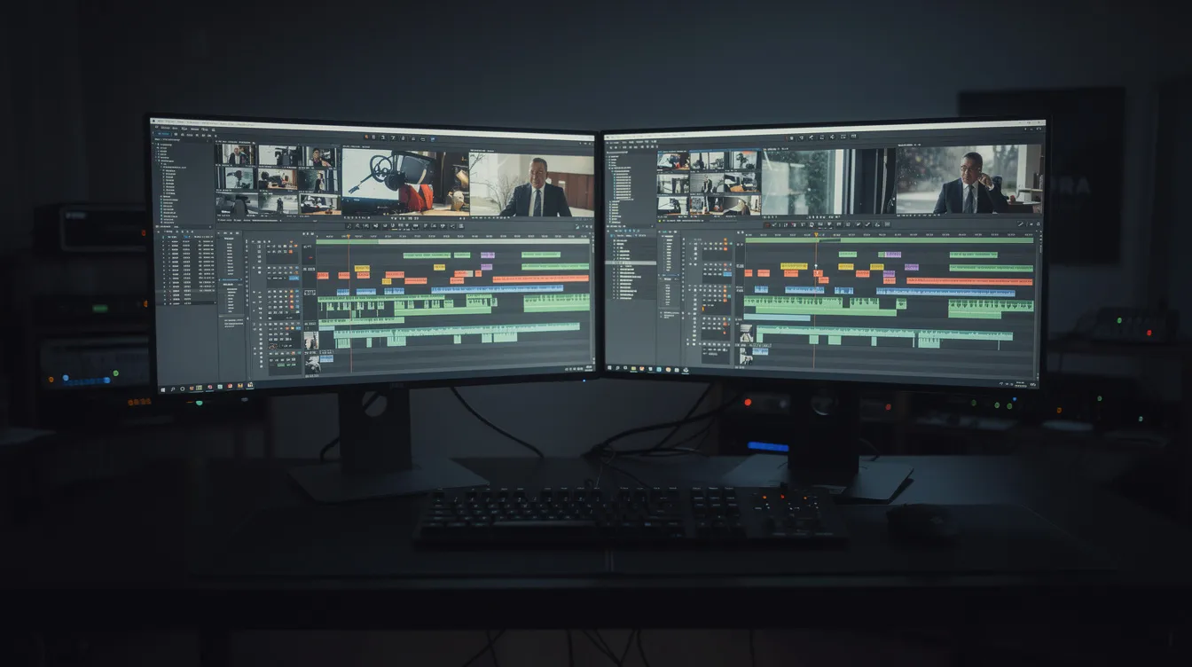 Der Schnittplatz zeigt zwei große Monitore, auf denen eine Schnitt-Timeline mit Bild- und Tonspuren sichtbar ist. Der dunkle Raum ist mit gedämpftem Licht beleuchtet und vermittelt eine konzentrierte Atmosphäre, die für die Arbeit in der Filmproduktion typisch ist.