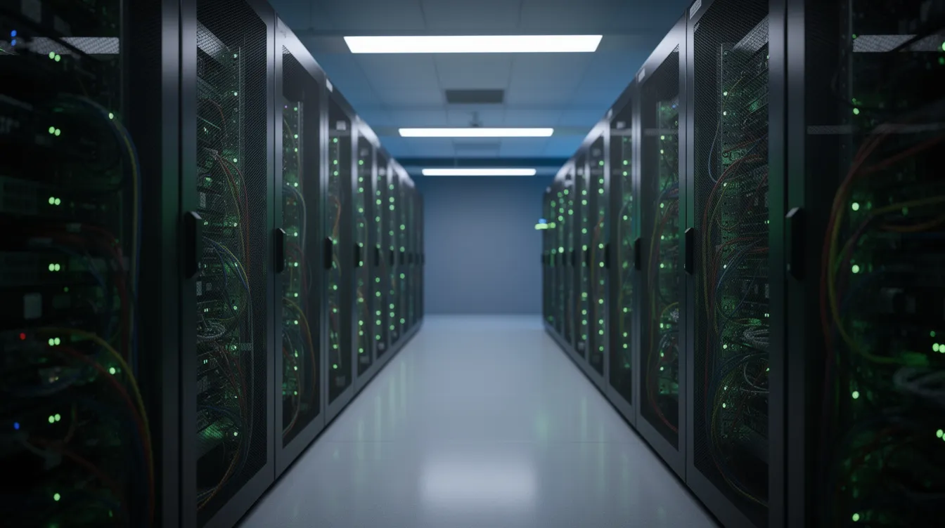The image depicts a server room filled with rack-mounted servers, all adorned with blinking green lights that indicate their operational status. This high-tech environment is essential for managing automated email sequences and email marketing strategies, ensuring effective communication with paying customers and potential customers alike.