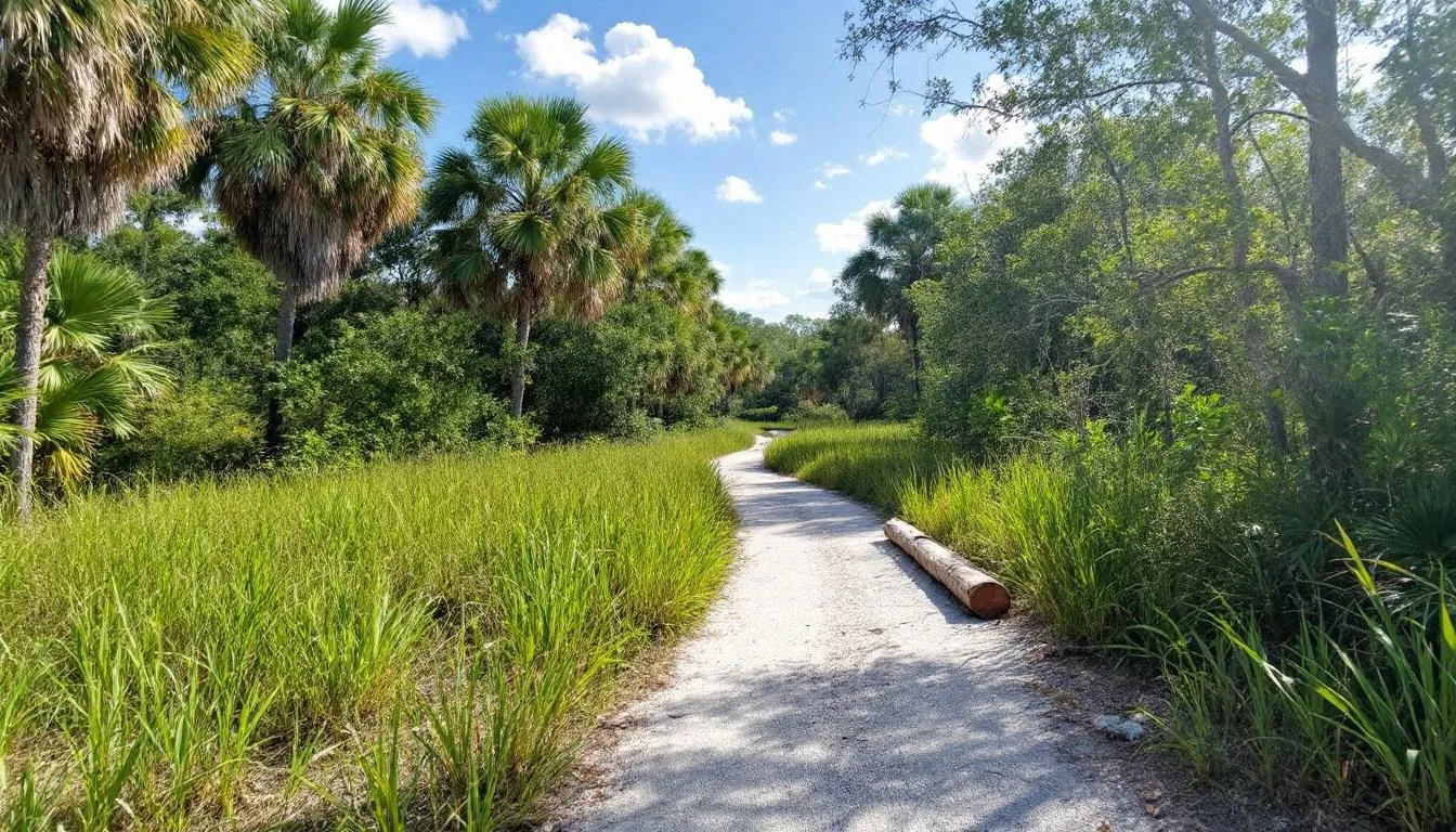 The image depicts the Fort Myers Shores Nature Trail, a scenic pathway meandering through lush, preserved natural areas filled with native Florida vegetation. This tranquil setting offers potential buyers a glimpse of the natural beauty surrounding homes for sale in Fort Myers Shores, enhancing the appeal of prospective properties in the area.