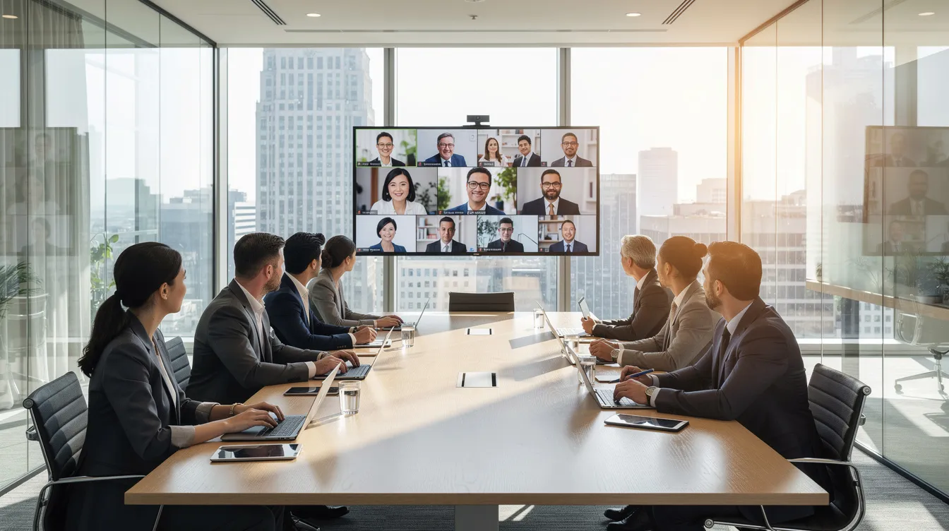 L'image montre une équipe de professionnels en réunion dans une salle vitrée, où certains participants sont présents physiquement tandis que d'autres se connectent par écran. Cette scène illustre les défis de la communication managériale, notamment les malentendus et les obstacles à la communication, tout en mettant en avant l'importance de la collaboration et du partage d'idées au sein de l'entreprise.