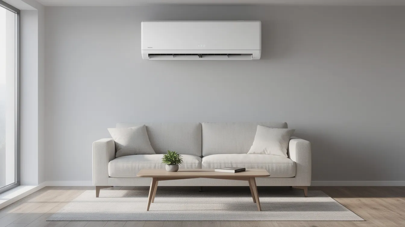 The image depicts a sleek split system air conditioner indoor unit mounted on the wall of a modern living room, showcasing an efficient air conditioning system designed for optimal cooling and heating. The stylish design complements the contemporary decor, making it a perfect addition to the space while ensuring exceptional service and comfort.