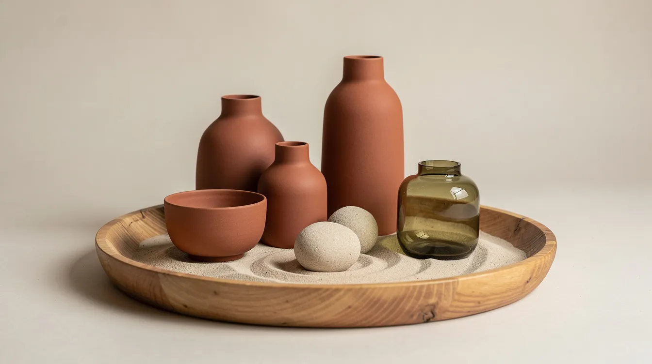 En träbricka är fylld med dekorativa föremål i sand, terrakotta och olivgröna toner, som skapar en snygg inredningsdetalj för hemmet. Dessa färger och material ger inspiration till att skapa en personlig och trivsam atmosfär i olika rum.
