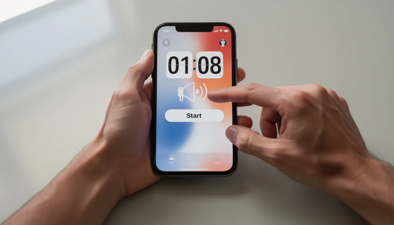 A pair of hands is shown pressing a smartphone screen that displays a timer or alarm clock app, symbolizing the importance of time management in activities such as online gambling. This image could resonate with users of non gamstop casinos who are keen on responsible gambling practices.
