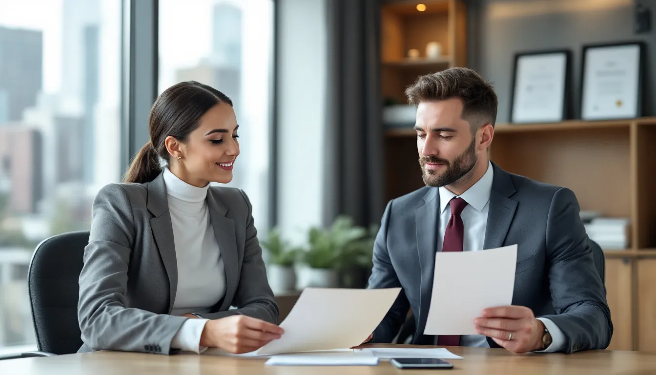 In der Abbildung überreicht ein Arbeitgeber einem Arbeitnehmer ein qualifiziertes Arbeitszeugnis, das die Leistungen und das Verhalten des Mitarbeiters während des Arbeitsverhältnisses bewertet. Der Arbeitnehmer hält das Dokument in der Hand, während der Arbeitgeber freundlich lächelt und auf das Zeugnis zeigt, was auf eine positive Beurteilung hinweist.
