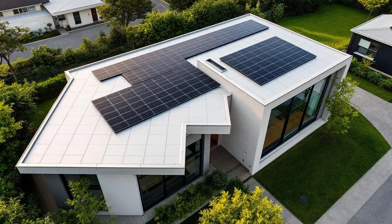 A modern home featuring a sleek metal roofing system integrated with solar panels, showcasing energy-efficient roofing materials designed for durability and aesthetic appeal. The combination of the metal roof and solar panels highlights a commitment to sustainable living and innovative residential roofing solutions.