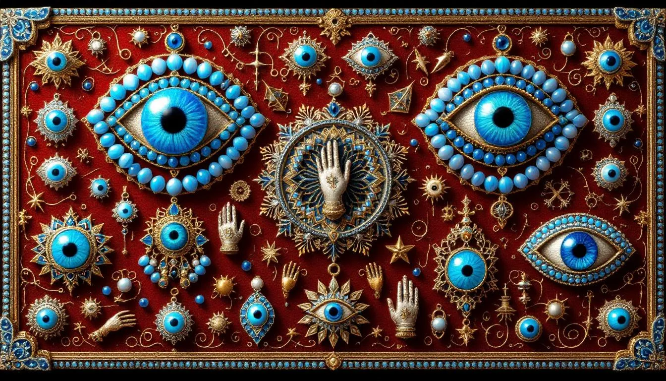 A symbolic representation of the power of evil eye symbols, with various jewelry pieces in focus.