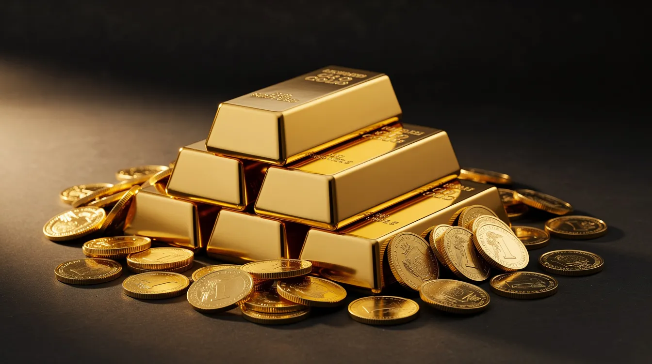 The image features a collection of stacked gold bars and gold coins against a dark background, symbolizing wealth and investment in precious metals. This visual representation highlights the allure of physical gold as a safe haven asset, often associated with retirement accounts like a gold IRA.