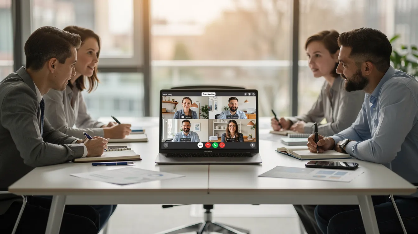 A small team is collaborating around a conference table, engaging in real-time discussions while a laptop displays a video call with remote participants. This setup highlights the effectiveness of nearshore staffing solutions, allowing companies to connect with skilled professionals in Latin America and enhance their business operations.