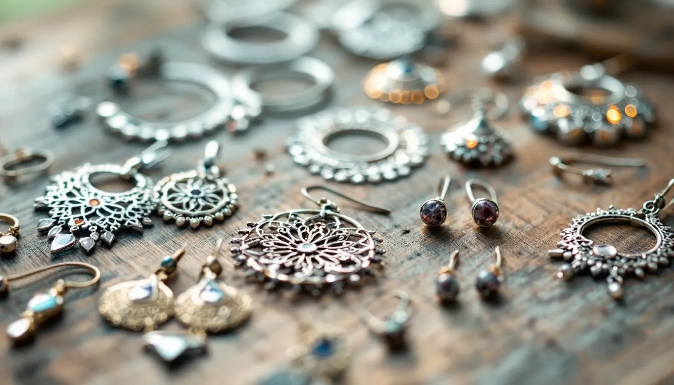 The image showcases a collection of beautifully crafted handmade silver earrings, including various styles such as hoop earrings and stud earrings, all made from sterling silver. Each piece is designed for everyday wear, highlighting simplicity and elegance in their unique designs.