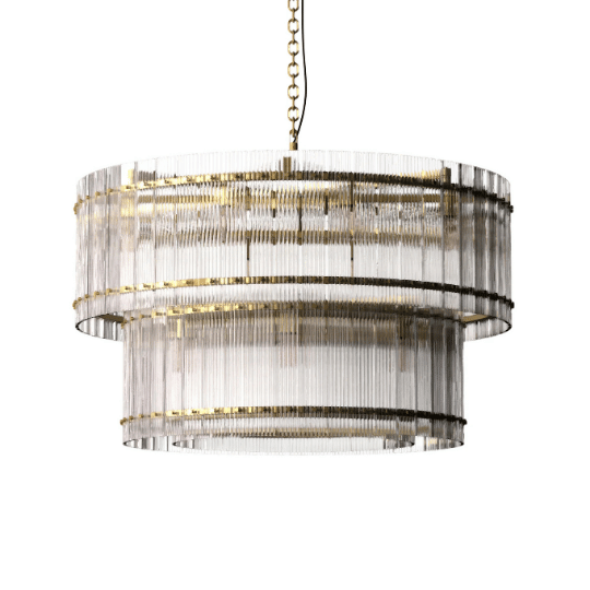 Elegant double-tiered chandelier with clear vertical glass rods and gold accents, suspended by a gold chain against a white background.