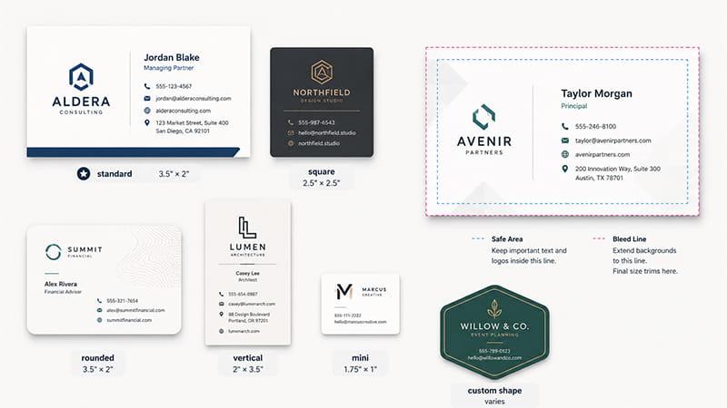 Business card sizes and layouts showing standard, square, rounded, vertical, mini, and custom shapes