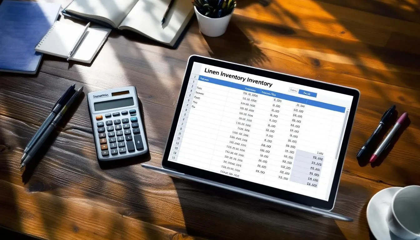 A calculator and a spreadsheet displaying linen inventory calculations are placed on a desk, showcasing details such as the linen par level and inventory for guest rooms, including items like flat sheets and bath towels. This setup reflects the importance of managing hotel linens and ensuring sufficient stock for optimal guest experience.
