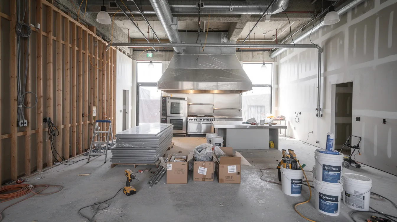 The image depicts a commercial kitchen undergoing renovation, showcasing exposed walls and various construction materials scattered around. This scene highlights the transformation process that small business owners may experience when expanding or upgrading their existing businesses, often requiring investment capital and support from loan programs.