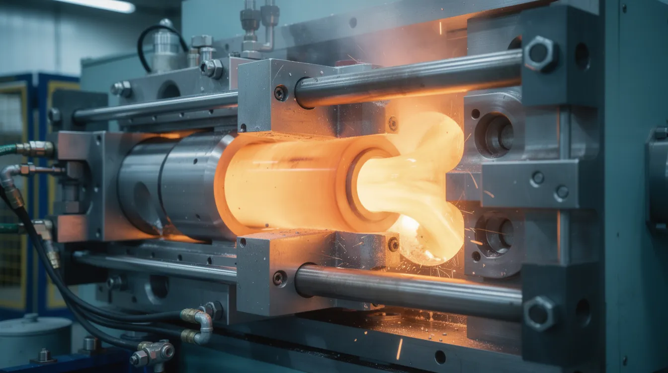 The image shows a close-up view of a cold chamber die casting machine actively injecting molten aluminum into a steel die, illustrating the aluminum die casting process. The scene captures the high-pressure injection of molten metal as it fills the die cavity, highlighting the precision and complexity of the die casting process used in manufacturing aluminum parts.