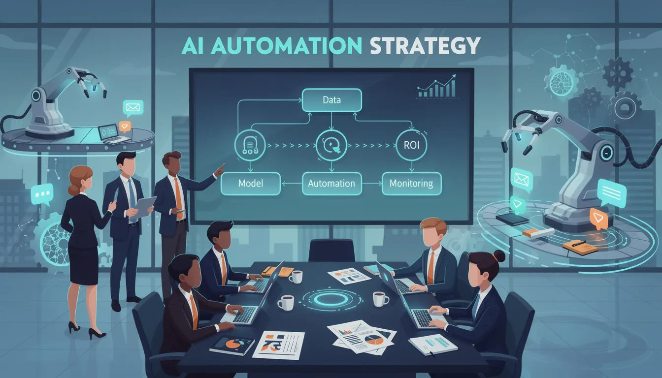 The image depicts a business leader presenting an AI automation strategy to a group, highlighting the importance of robotic process automation and intelligent systems in enhancing operational efficiency and customer experience. Various automation tools and AI capabilities are showcased, emphasizing their role in managing repetitive tasks and driving business growth while ensuring compliance with data protection regulations.