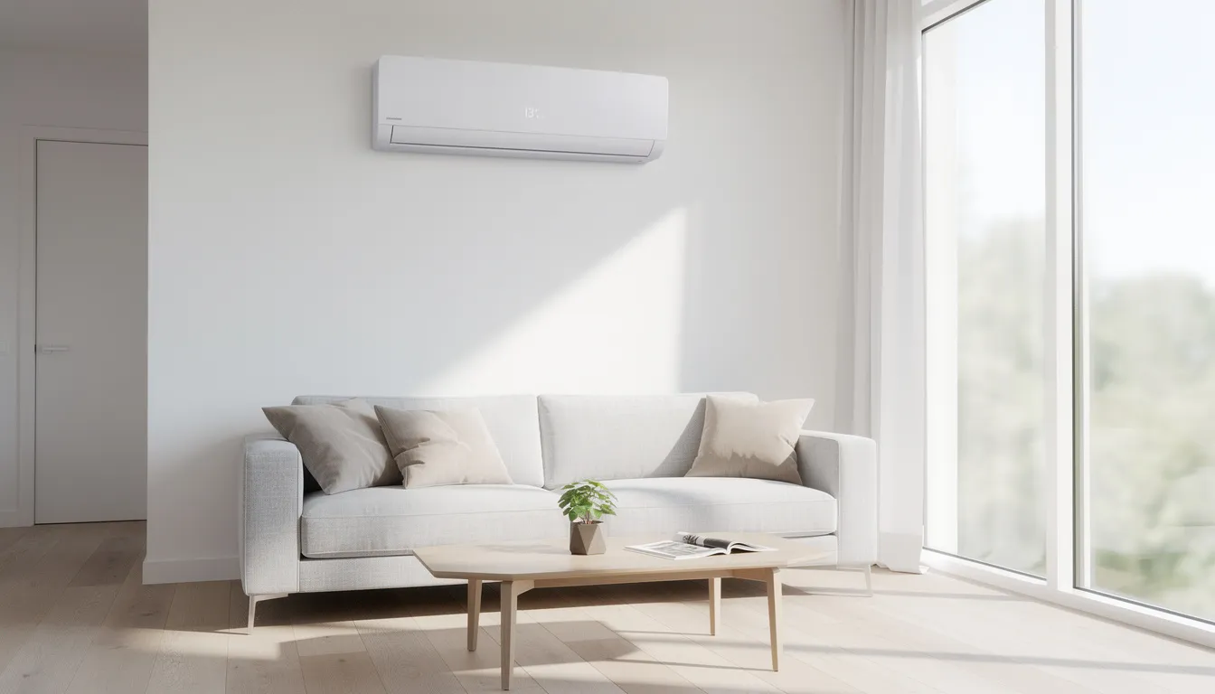 Mitsubishi Mini Split Cost Guide 2026 | Upstate NY & Vermont 4 The image depicts a modern wall-mounted indoor air handler unit installed in a bright living room featuring large windows, showcasing a ductless mini split system that offers independent temperature control and quiet operation for year-round comfort. This installation provides an efficient alternative to traditional HVAC systems, contributing to improved indoor air quality and potential energy savings.