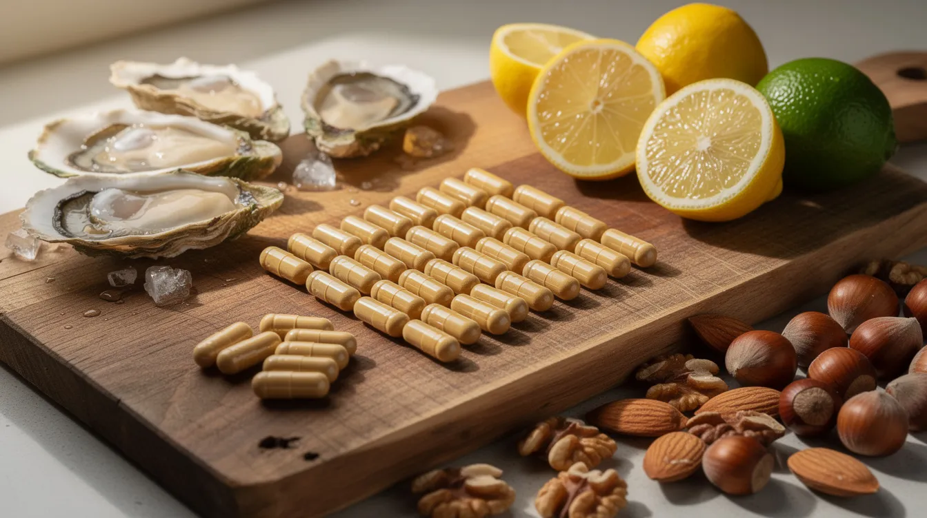 The image features an assortment of supplement capsules placed alongside fresh oysters, vibrant citrus fruits, and a variety of nuts, all arranged neatly on a wooden cutting board. This composition highlights natural ingredients that may support testosterone production and muscle growth, appealing to fitness enthusiasts looking to enhance their overall performance and vitality.