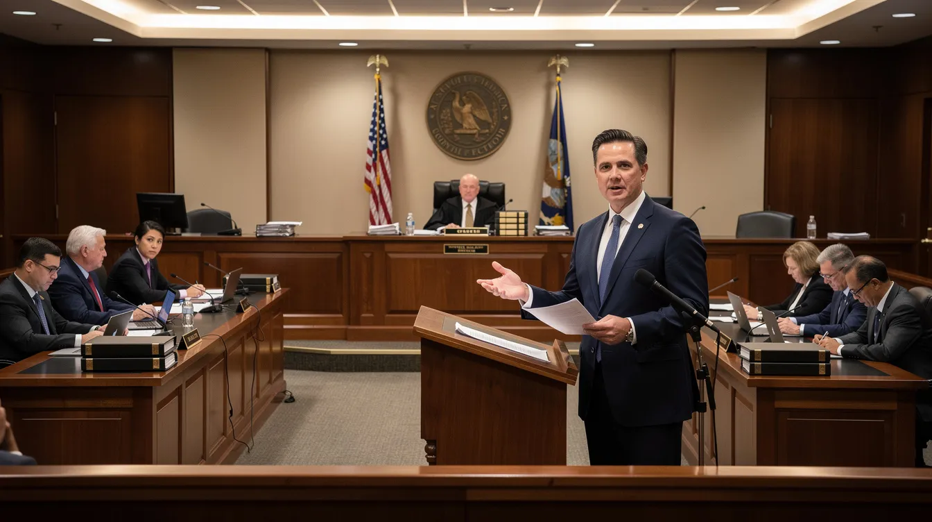 The image depicts a courtroom setting where a professional expert witness is presenting testimony before a judge and legal teams, highlighting the importance of specialized knowledge in decision-making processes. The atmosphere is serious, with attentive members of the legal teams and the judge focused on the expert's analysis.