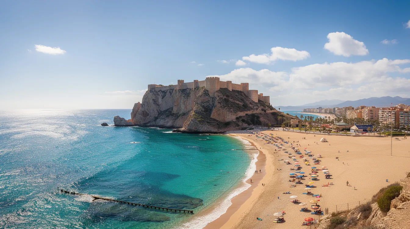 Ein Panoramablick auf die Küste von Alicante zeigt den goldenen Sandstrand, das türkisfarbene Wasser des Mittelmeers und die beeindruckende Festung Castillo de Santa Bárbara auf einem Felsen im Hintergrund. Diese malerische Szene ist ein beliebtes Ziel an der Costa Blanca, ideal für Strandtage und Aktivitäten wie Windsurfen.