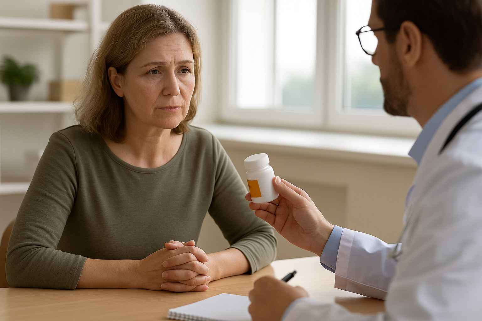 Kvinne lytter til lege som holder pilleboks i lys konsultasjon, vurderer smertebehandling.