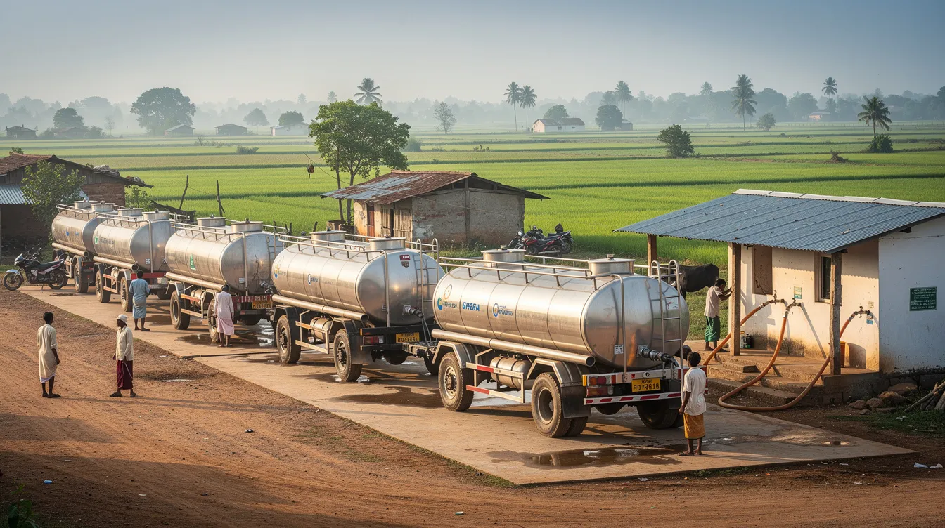 b6573b72 9dbc 4cc2 9f89 8faacec3aca7 The image depicts milk tanker trucks lined up at a dairy collection point in rural India, with lush green fields in the background, highlighting the process of milk reception essential for cheese production. This scene reflects the operational efficiency and capacity planning necessary for producing diverse dairy products like cottage cheese and mozzarella.