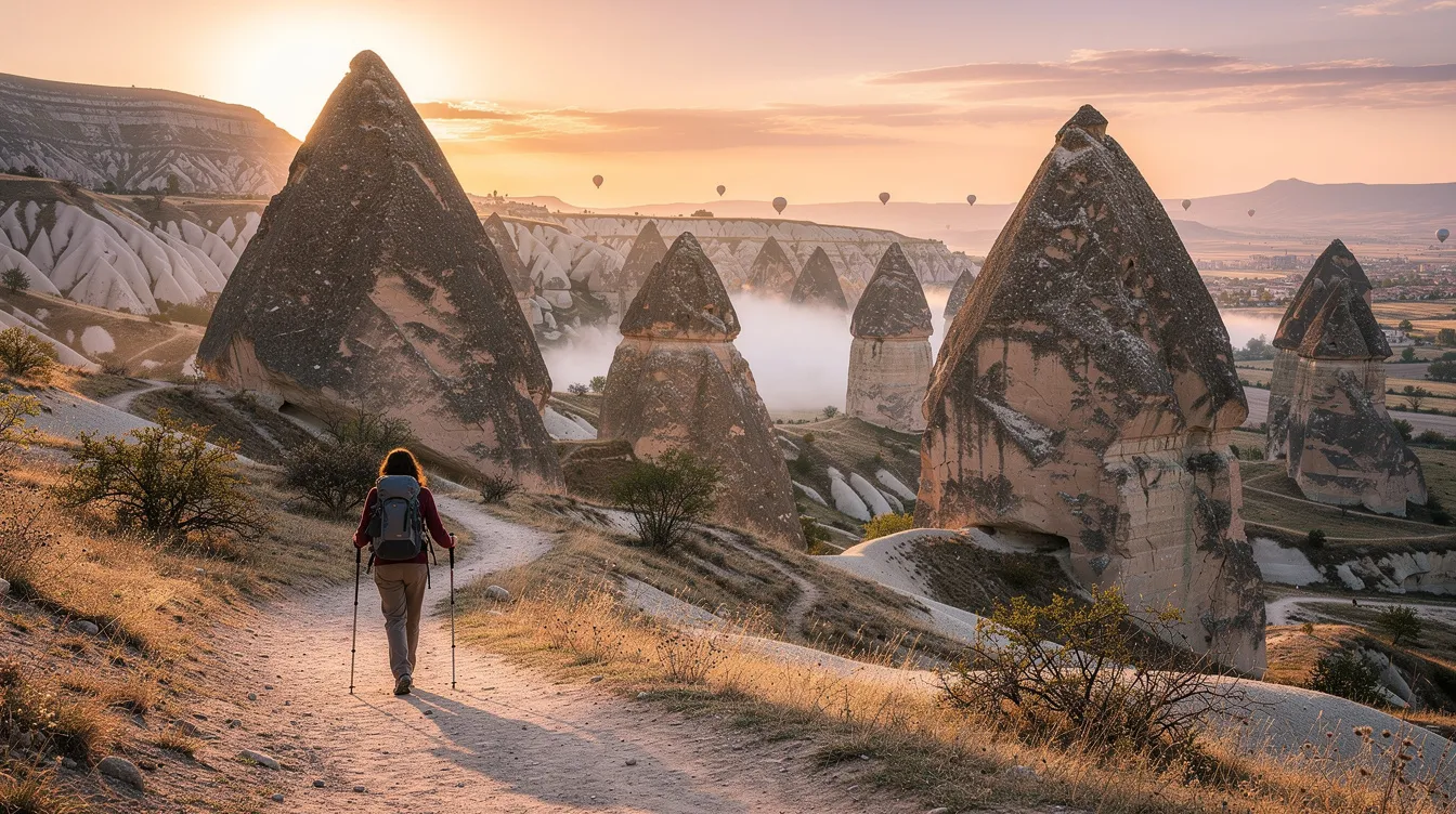 Un senderista camina entre las impresionantes chimeneas de hadas en Capadocia, mientras el sol comienza a asomarse en el horizonte, iluminando el paisaje con tonos cálidos. Al fondo, se pueden ver las formaciones rocosas del valle rojo y el valle de las rosas, creando un entorno mágico y natural ideal para el senderismo.