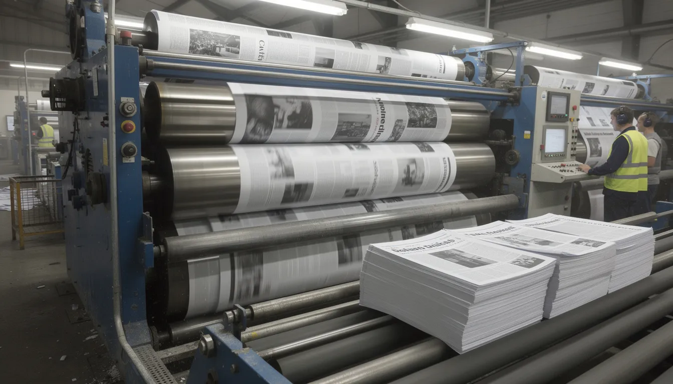 The image shows a newspaper printing press in operation, with large rolls of paper being fed into the machine as it produces multiple copies of news articles. The scene captures the intricate process of printing, highlighting the machinery's key features and the importance of media coverage in today's digital age.