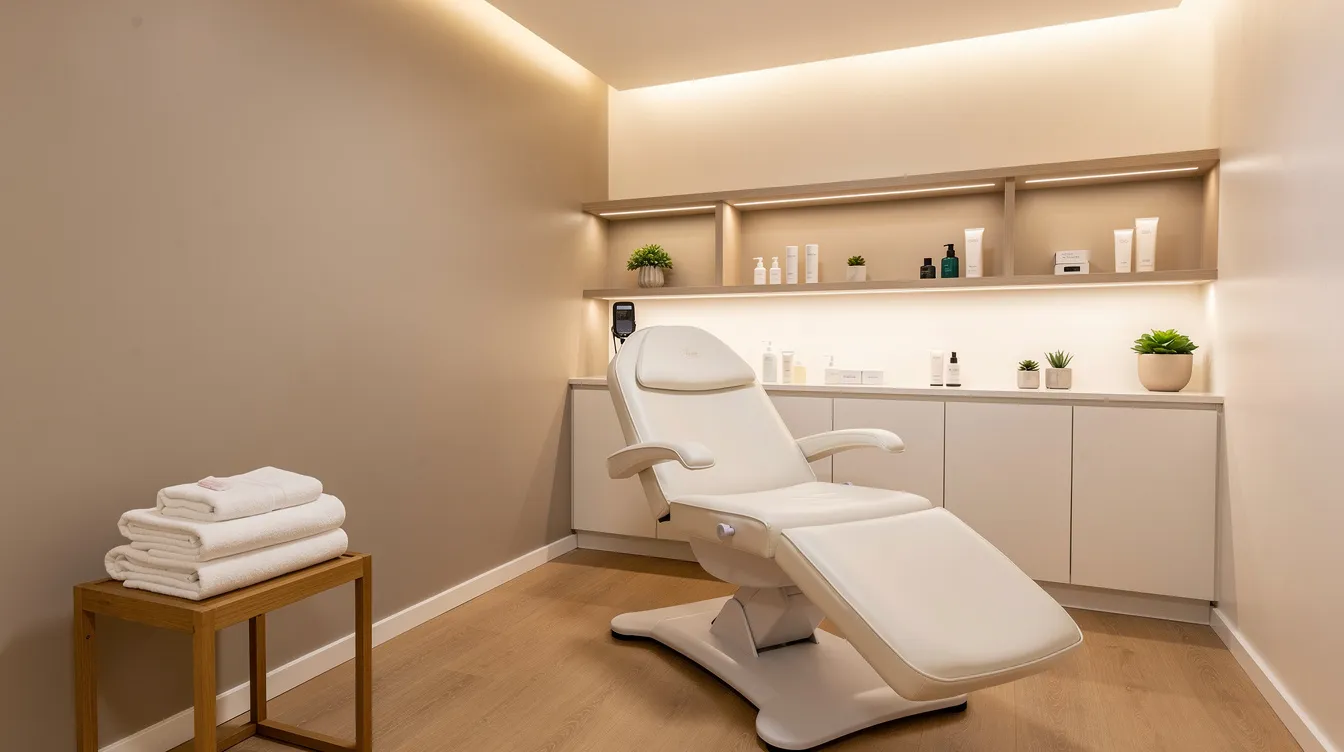 The image depicts a clean and modern spa treatment room featuring soft lighting and a comfortable reclining chair, ideal for cosmetic treatments such as lip filler injections. The serene atmosphere suggests a focus on enhancing natural beauty and achieving desired lip volume through procedures like hyaluronic acid lip fillers.