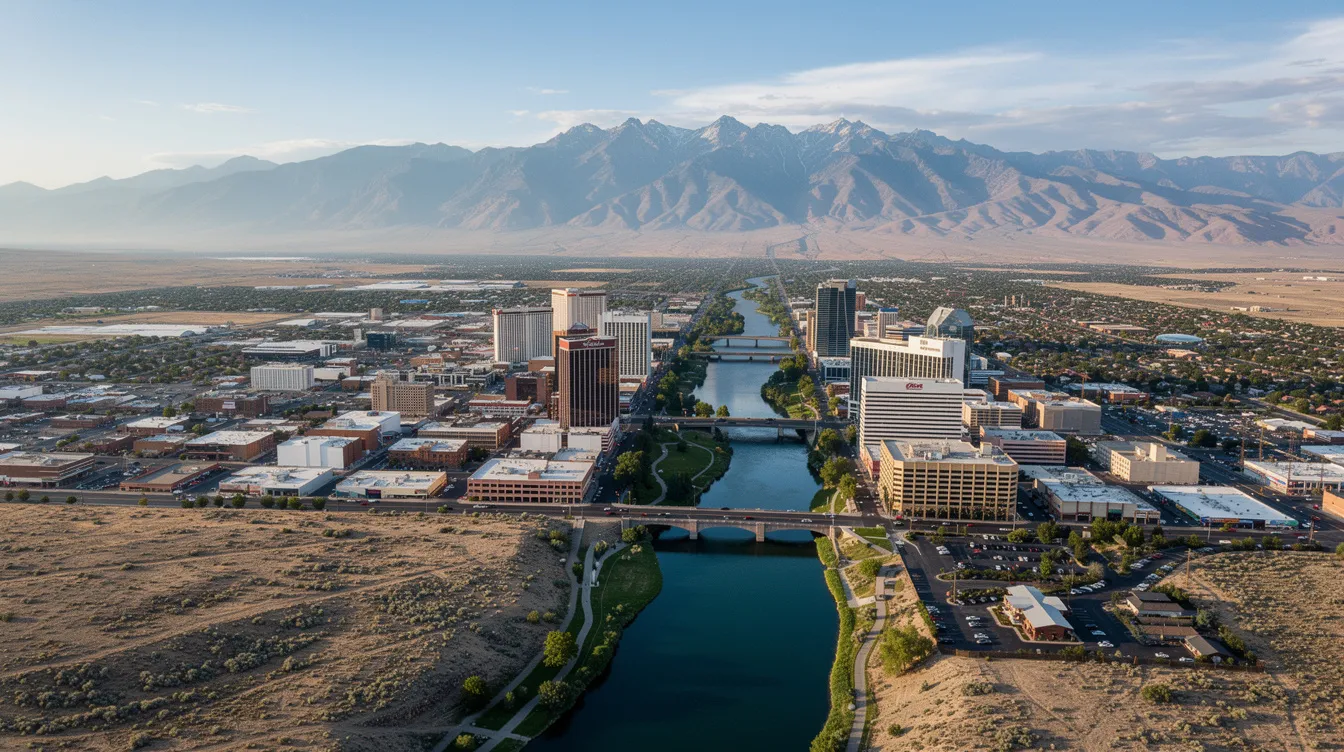 An aerial view of downtown Reno, Nevada, showcases the Truckee River winding through the city, with a stunning mountain range visible in the distance. This vibrant urban landscape is surrounded by the natural beauty of the region, highlighting the appeal for Nevada real estate investors seeking investment properties in this area.
