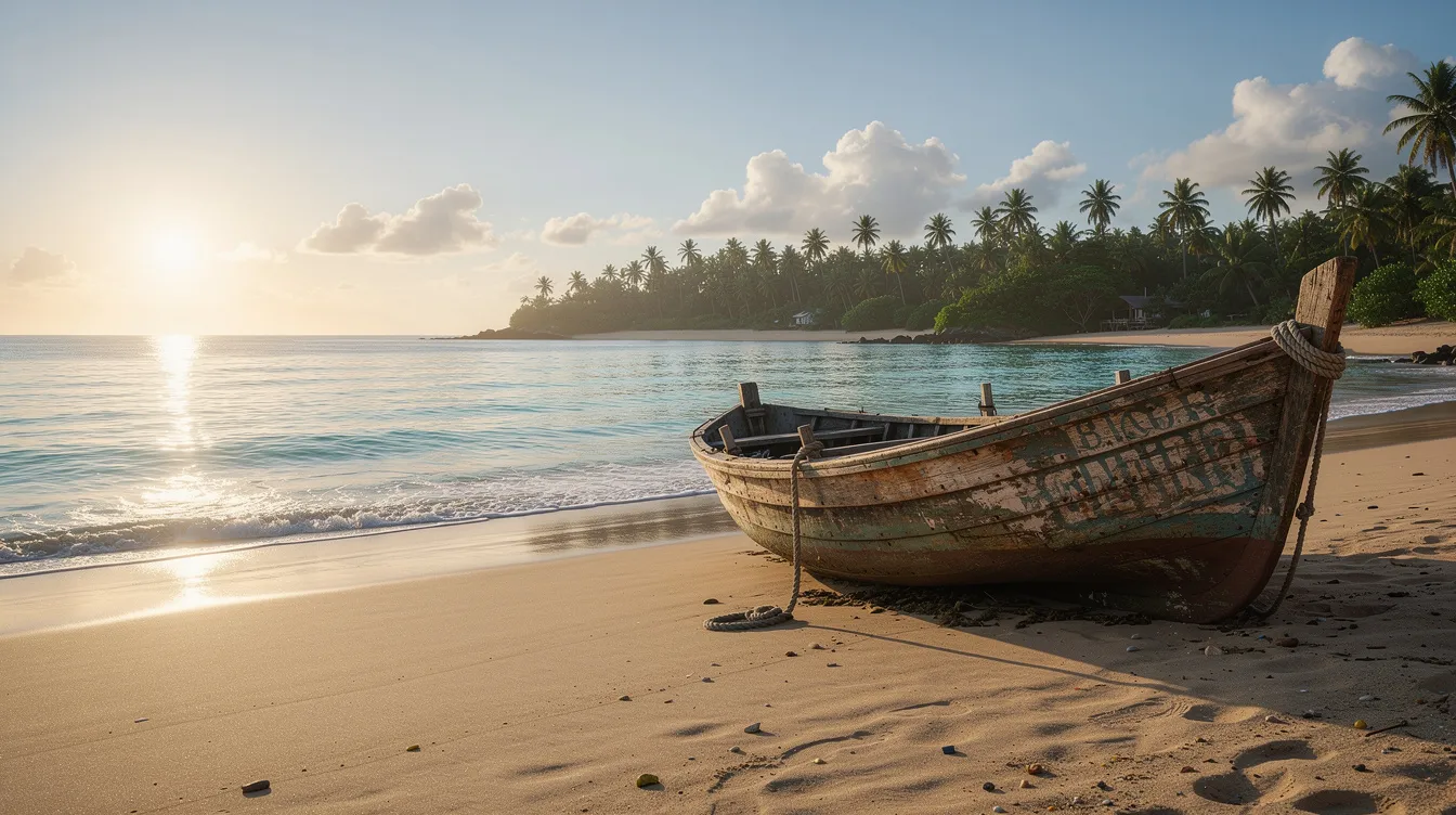 Ein ruhiger tropischer Strand zeigt türkisfarbenes Wasser, während ein altes Holzboot sanft am Ufer liegt, umgeben von warmem Sonnenlicht. Diese friedliche Szenerie könnte an die Hoffnung und Freiheit erinnern, die in "Die Verurteilten – Shawshank Redemption" thematisiert werden.