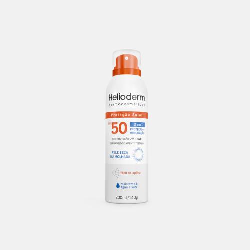 Protetor solar corporal Helioderm em spray. Fonte da imagem: site oficial da marca. 