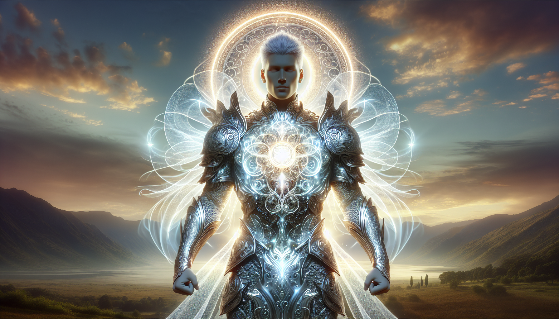 Warrior standing strong with spiritual armor and a radiant light surrounding them