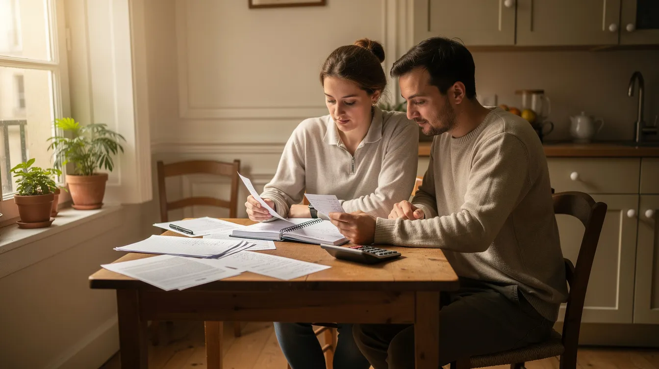 Couple faisant le point sur ses factures et son budget à la table de la cuisine