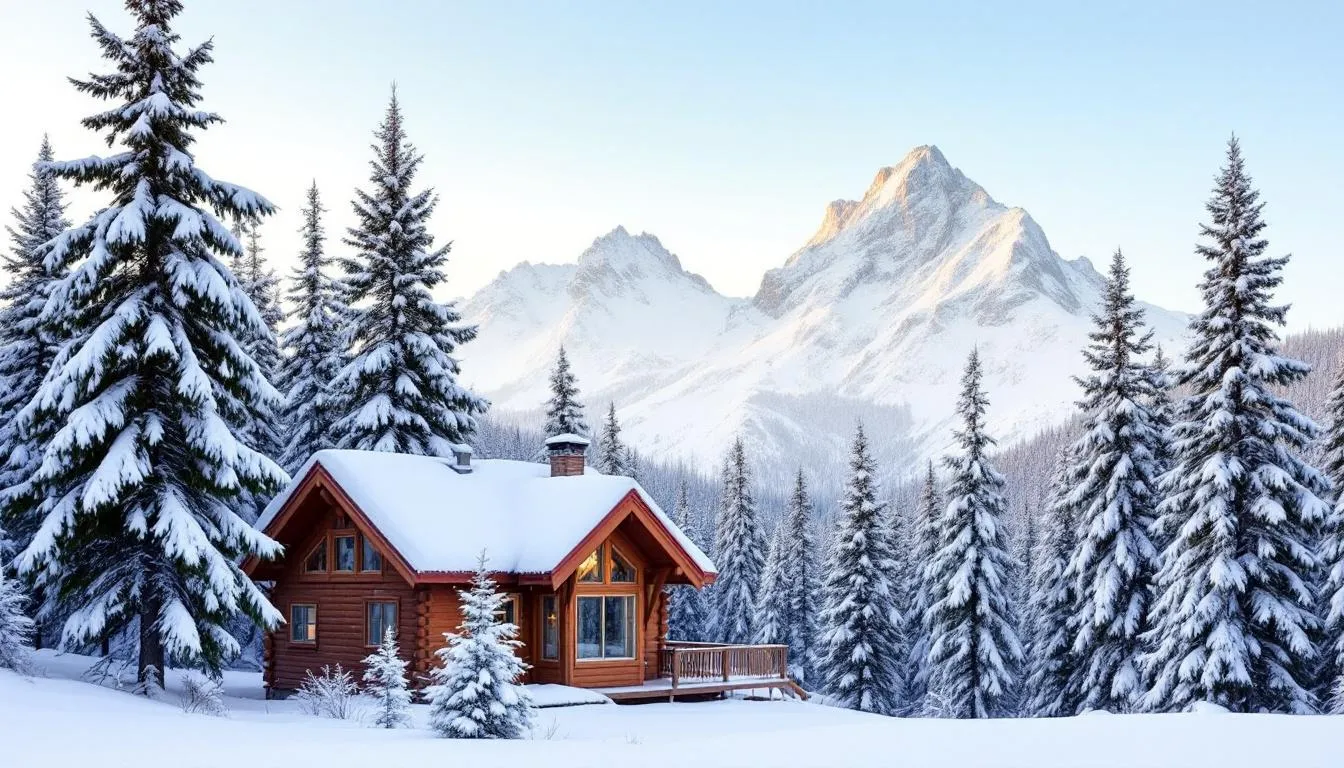 A cozy mountain cabin is nestled among snow-covered pine trees, with majestic mountain peaks rising in the background, creating a serene winter scene perfect for a getaway at Brian Head Resort. The inviting atmosphere suggests opportunities for winter sports and outdoor activities in the beautiful surroundings of southern Utah.