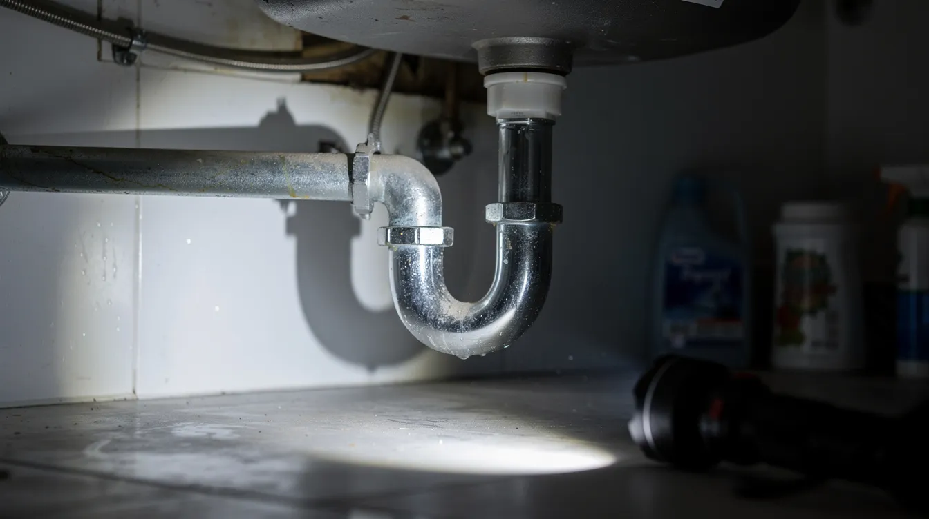 A flashlight beam reveals a network of pipes, including a P-trap, under a bathroom sink, highlighting potential plumbing leaks and damaged sections that may require attention from a professional plumber. The illuminated area shows copper pipes and joints, where minor leaks could lead to further damage if not fixed promptly.