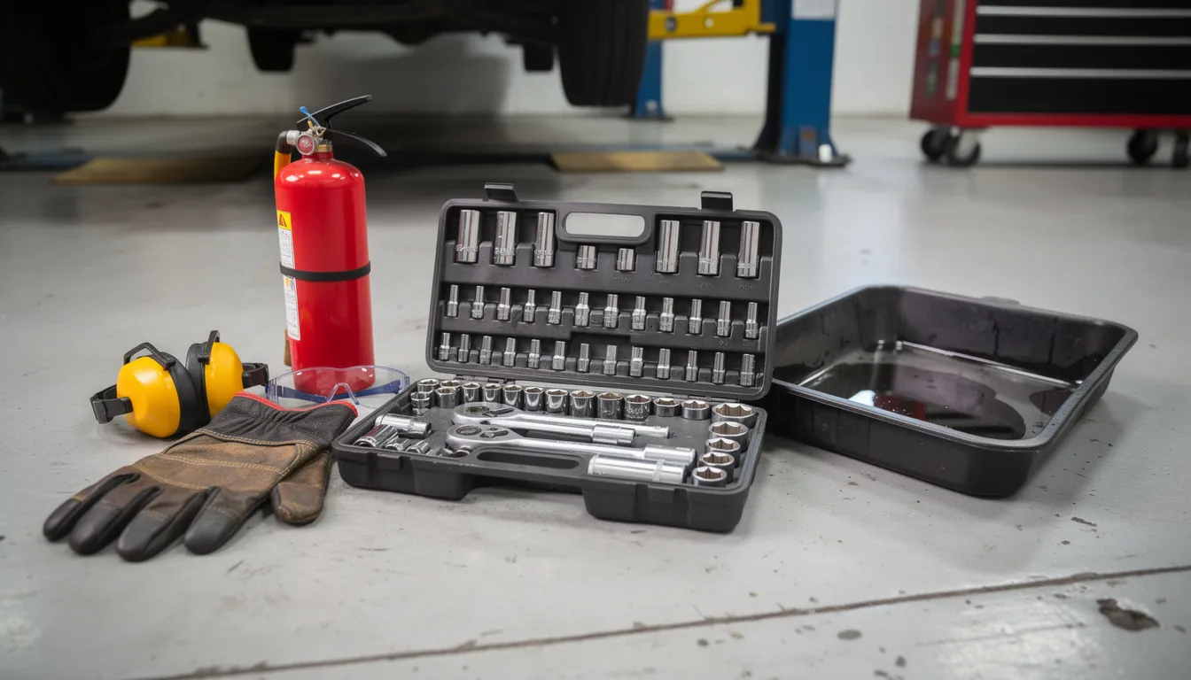 The image depicts a mechanic's work area with a neatly organized socket set, a drain pan, and various safety equipment arranged on a shop floor, ideal for working on heavy equipment like bobcat machines. Tools and parts are laid out for tasks such as replacing an old thermostat or checking the engine's cooling system.