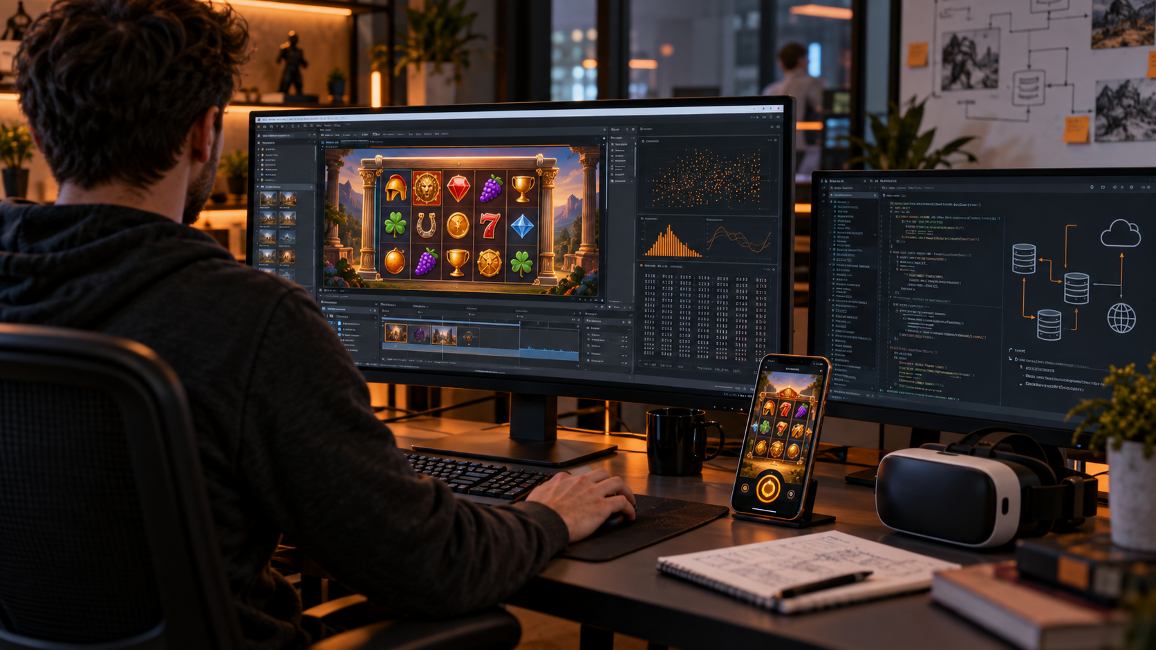 Ontwikkelaar test een casinospel op een computer en smartphone, met code en een VR-headset in beeld.