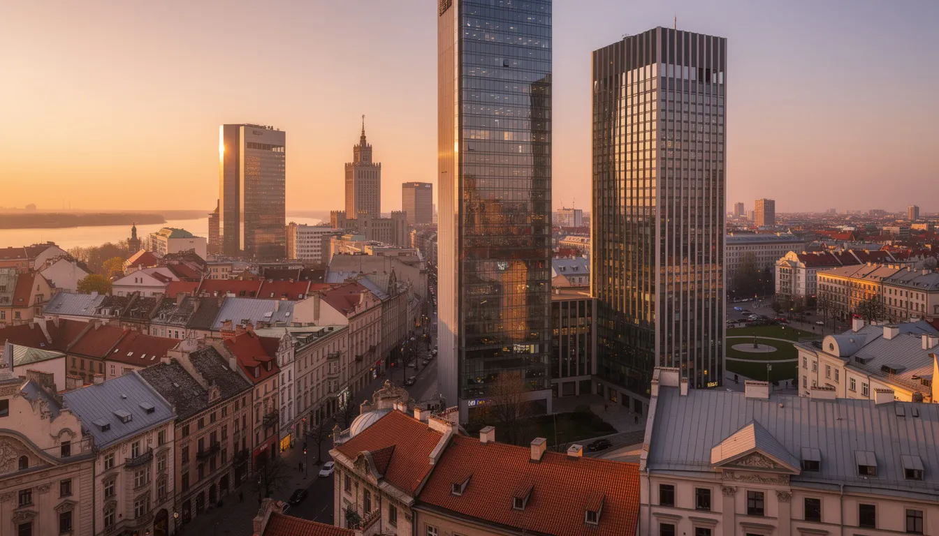 Panorama Warszawy ukazuje nowoczesne wieżowce obok historycznej zabudowy, co odzwierciedla różnorodność architektoniczną stolicy. Widok ten może być inspiracją dla osób myślących o wycenie nieruchomości w Warszawie, gdzie zarówno nowoczesne, jak i tradycyjne elementy wpływają na wartość mieszkań.