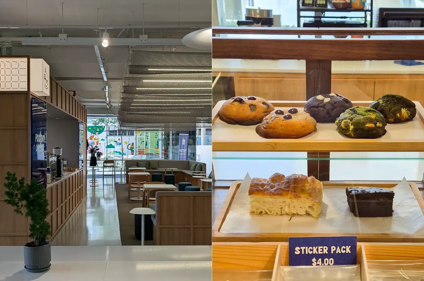 Left: Wide-angle, eye-level view of a minimalist café interior featuring light wood paneling, a long counter with a coffee machine, small potted plant in the foreground, and seating with stools and cushioned benches under soft overhead lighting and large windows. Right: Close-up, eye-level shot of assorted baked goods displayed on wooden trays inside a glass case, including cookies and bread, warm lighting emphasizing the golden and textured surfaces.