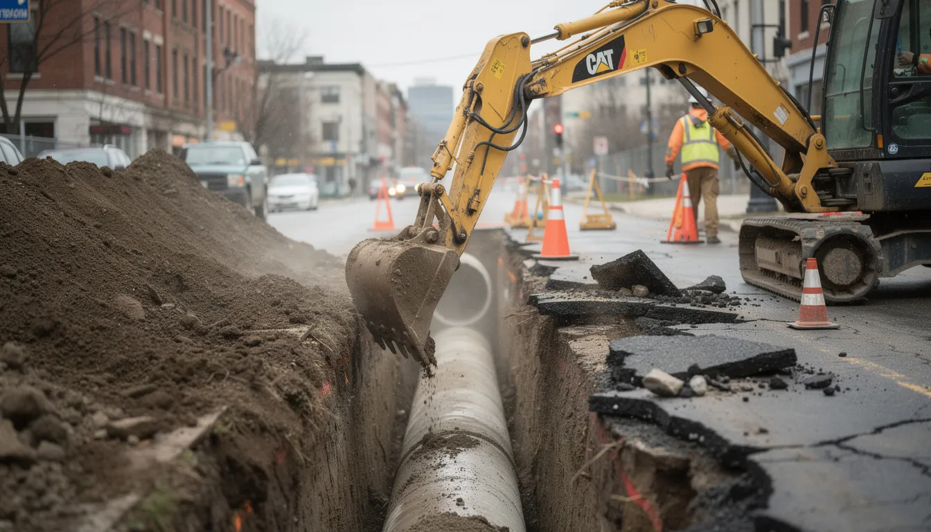 An excavator is digging a trench to expose a buried sewer pipe, highlighting the process of sewer line repair. This image illustrates the essential work involved in addressing sewer line issues and replacing damaged sewer pipes.