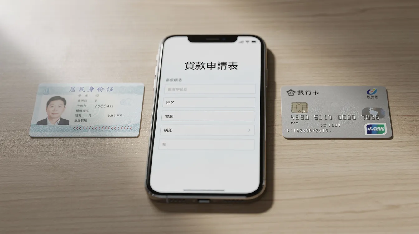 The image shows a smartphone displaying a loan application form, accompanied by an identification card and a bank card. This setup suggests a process for applying for a private loan, highlighting the importance of documents like ID and bank cards in securing a loan approval.