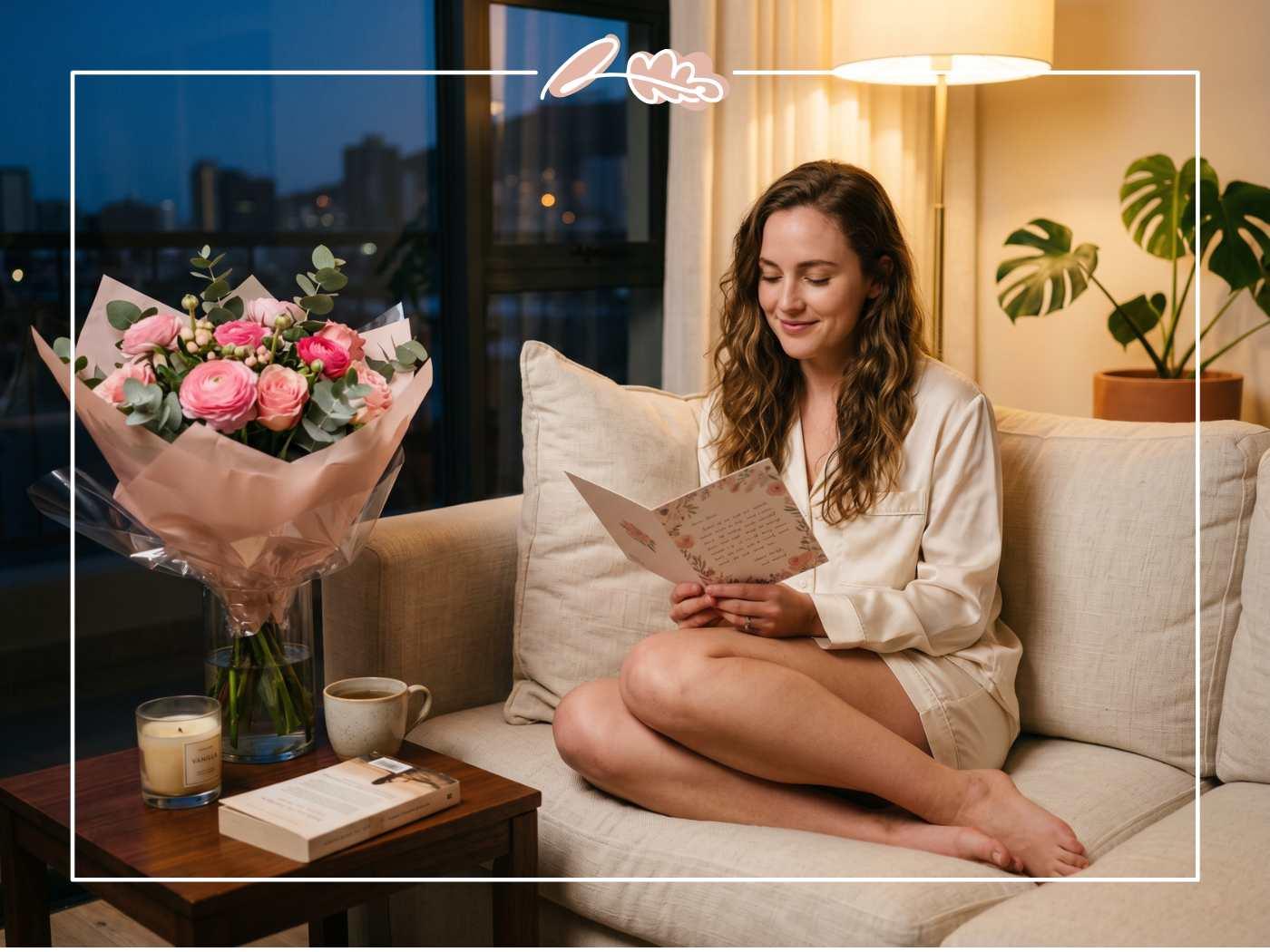Girlfriend in cream pyjamas reading a handwritten birthday card on a cream sofa next to a pink-wrapped birthday bouquet from Fabulous Flowers in a softly lit evening living room