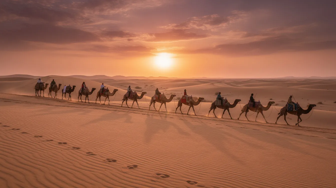 A camel caravan traverses the golden sand dunes of the Sahara Desert at sunset, casting long shadows against the vibrant colors of the sky. This picturesque scene highlights Morocco's natural beauty, attracting Indian travelers seeking adventure in this generally safe and captivating country.